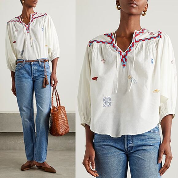 NEW Mother Breeze Yoke Embroidered Cotton Blend Blouse White Size: Extra Small - Picture 8 of 8